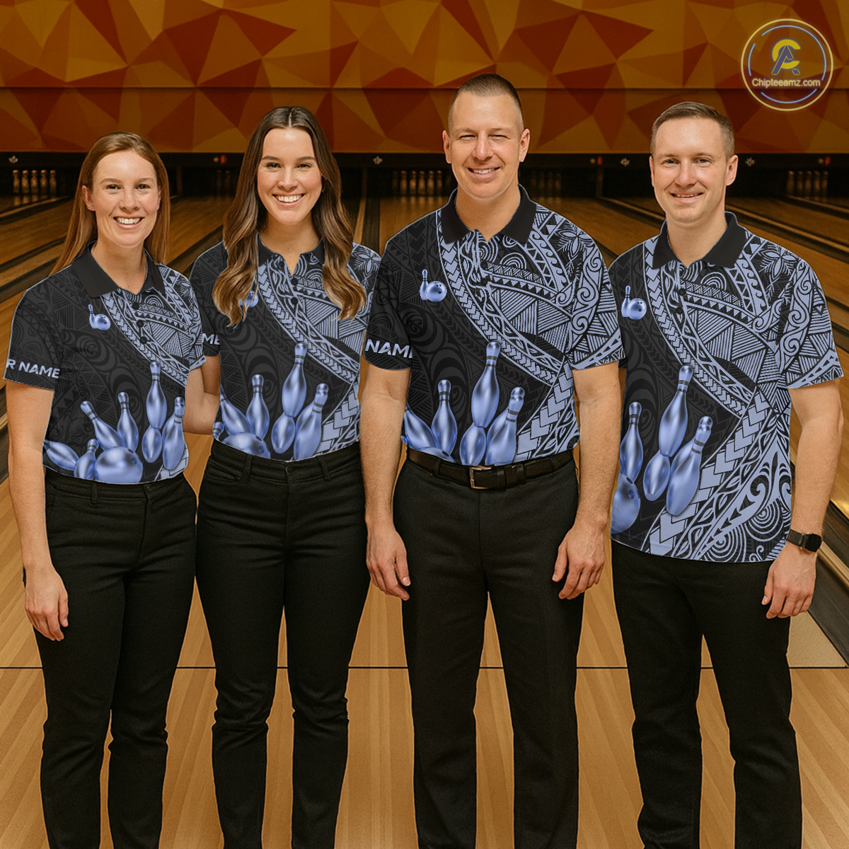 Black and Blue Tribal Pattern Bowling Jersey for Woen Bowling Uniform Bowling Team Shirts HNT225