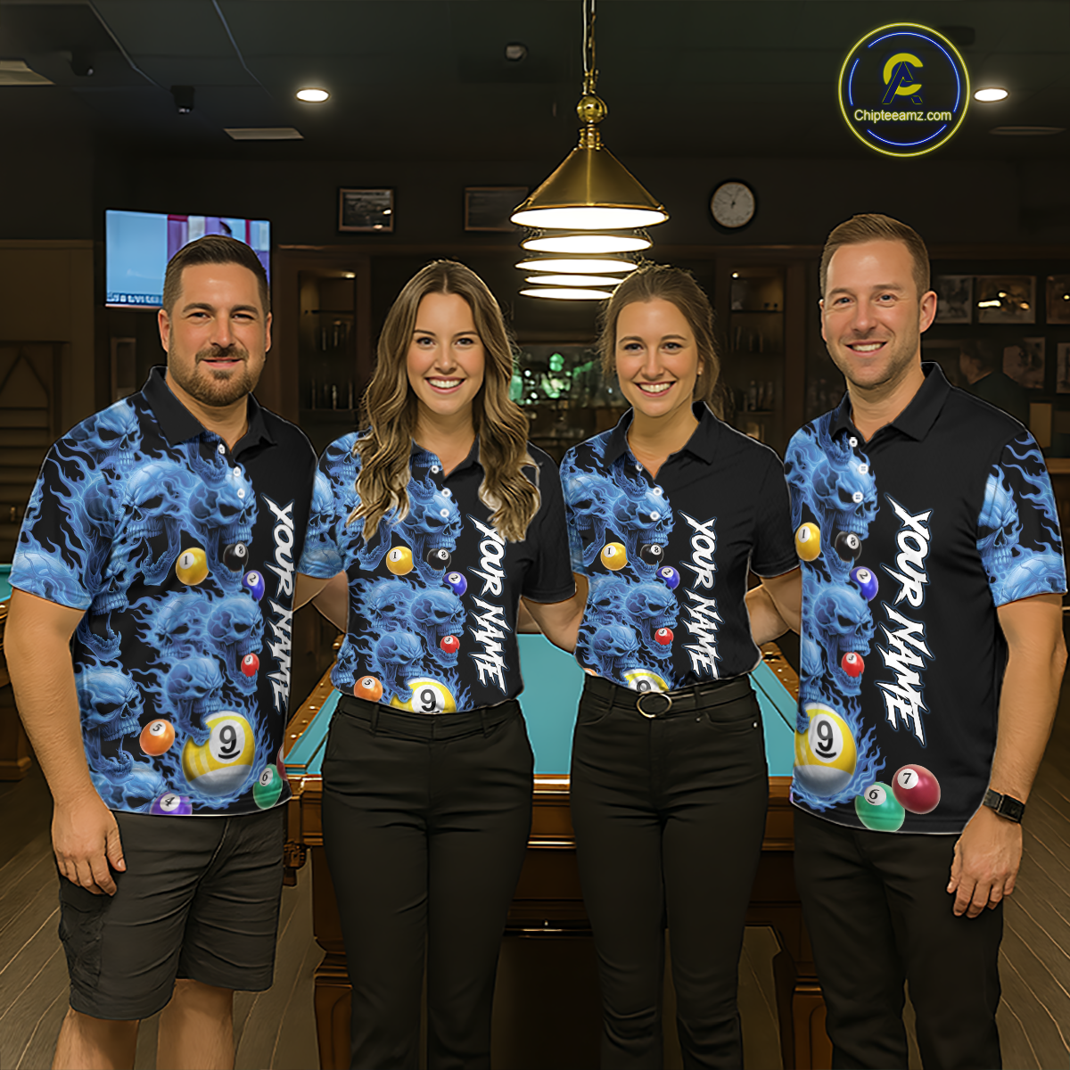 Custom Blue Flame Skull 9 Ball Pool Billiard Shirt for Women Polo & 1/4 Zip, Billiard Team Jerseys NNT1159