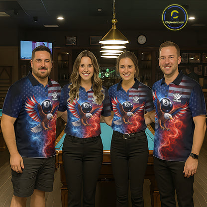 Blue & Red Flames Eagle 8 Ball 9 Ball Pool Billiard Shirt For Women Custom US Flag Billiard Jersey NYN3050