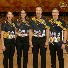 Load image into Gallery viewer, Custom Yellow Funny Bowling Tournament Jersey for Men Bowling Team Shirts Polo &amp; 1/4 Zip HNT178