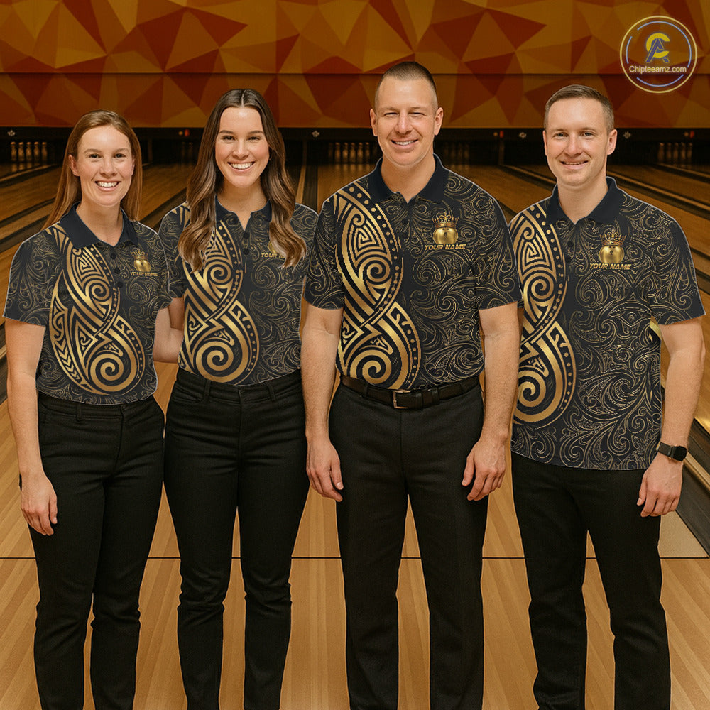 Black And Gold Crown Bowling Ball Polo & 1/4-Zip Shirts For Men Custom Tribal Bowling Team Jerseys NYN3124