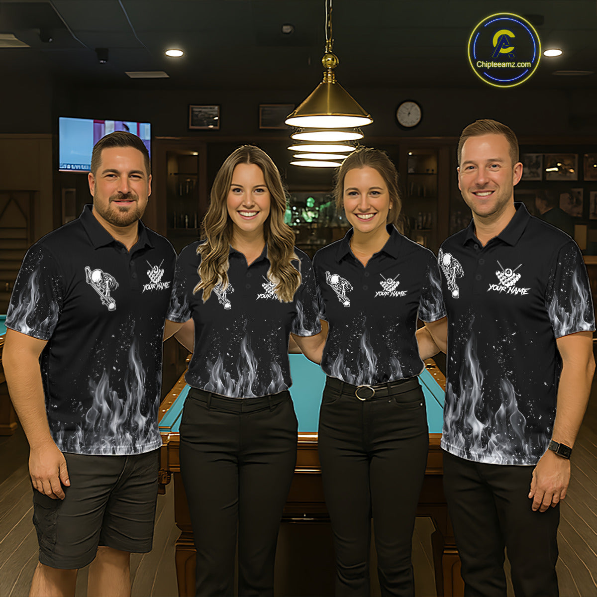 Grey Skeleton Play Pool Billiard Shirt For Women Custom Fire Flame Billiard Jersey, Billiards Gifts NYN3139