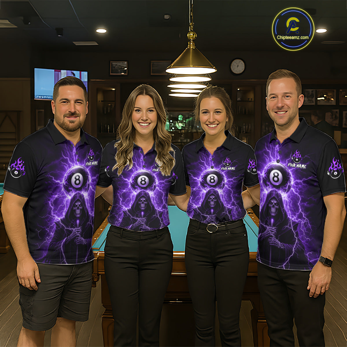 Grim Reaper Thunder Purple 8 Ball Pool Men Polo & 1/4-Zip Shirt Custom Billiards Ball Jerseys NYN2432