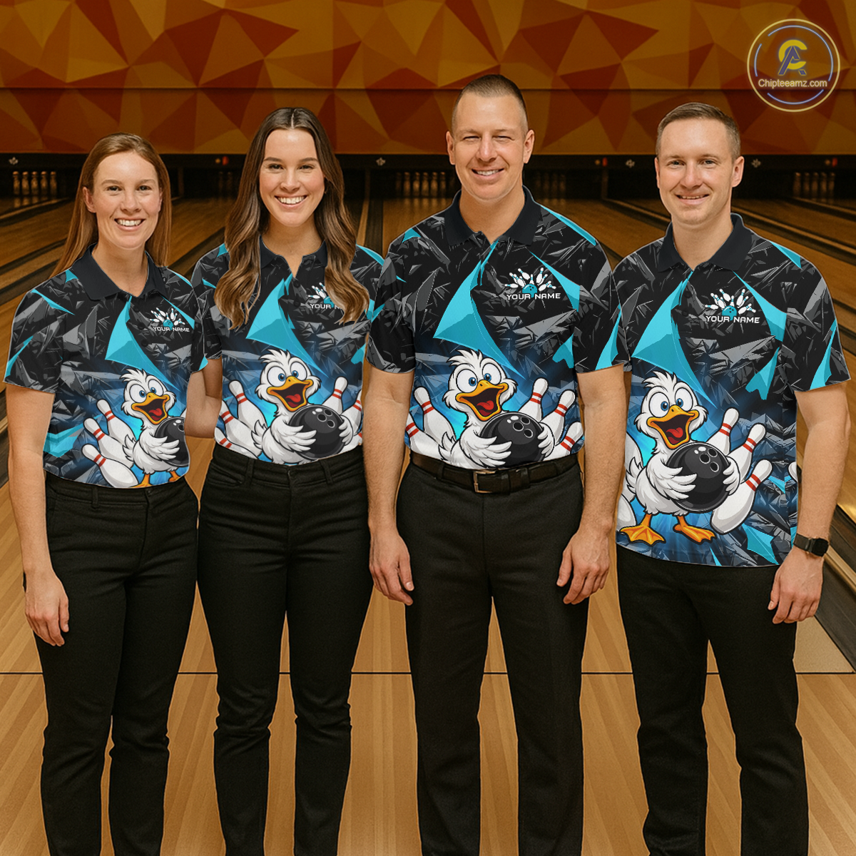 Custom Turquoise Funny Duck Bowling Jersey for Women Bowling League Bowling Team Shirts Polo & 1/4 Zip HN233