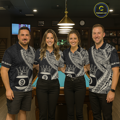 Custom Black and Gold Tribal 9 Ball Pool Billiard Shirt for Men Billiard League  Polo & 1/4 Zip NNT155