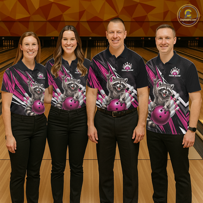 Custom Pink Raccoon Bowling Jersey for Women Bowling Team Shirts Bowling Polo & 1/4 Zip HNT254