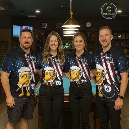 Custom Funny US Flag Beer 8 Ball Pool Men Billiard Polo & 1/4 Zip, Billiard Shirt, Billiard Team Jerseys NNT146