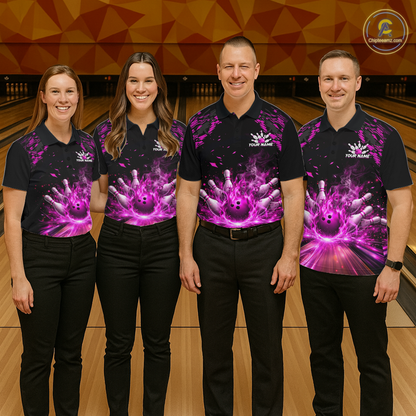 Custom Pink Flame Bowling Team Shirt for Men Polo & 1/4-Zip Bowling Jersey Bowling League Uniform QZT866