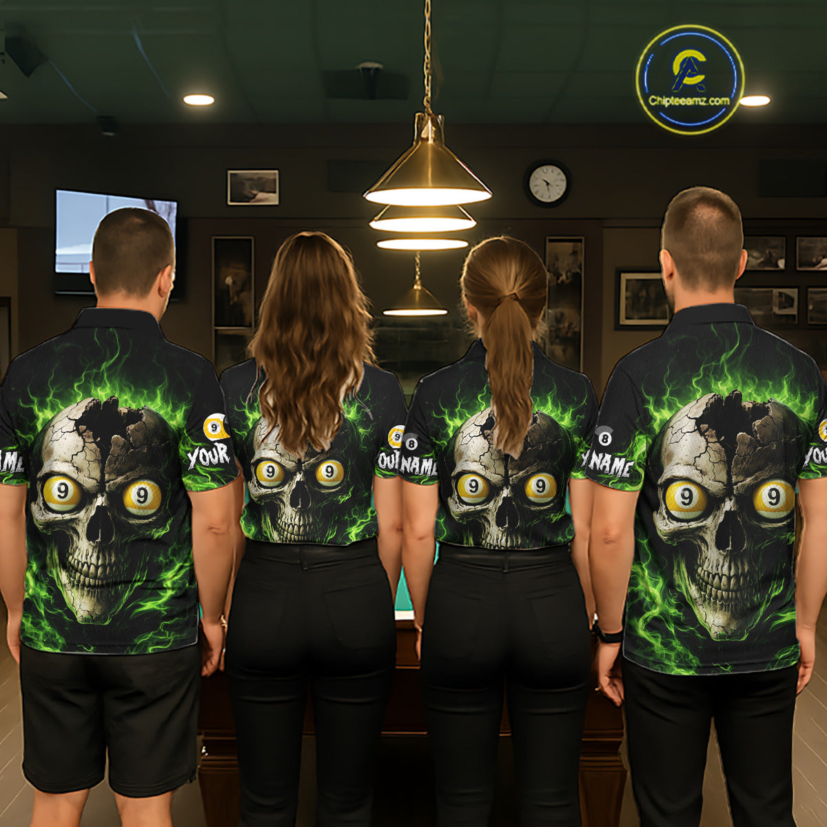Green Flaming Cracked Skull 8 Ball & 9 Ball Pool Billiard Shirt For Women Custom Billiard Apparel NYN2635