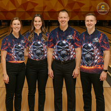 Load image into Gallery viewer, Custom Skull Bowling Jersey for Women - Flaming Strike Personalize Bowling Team Shirt Polo &amp; 1/4 Zip HNT215