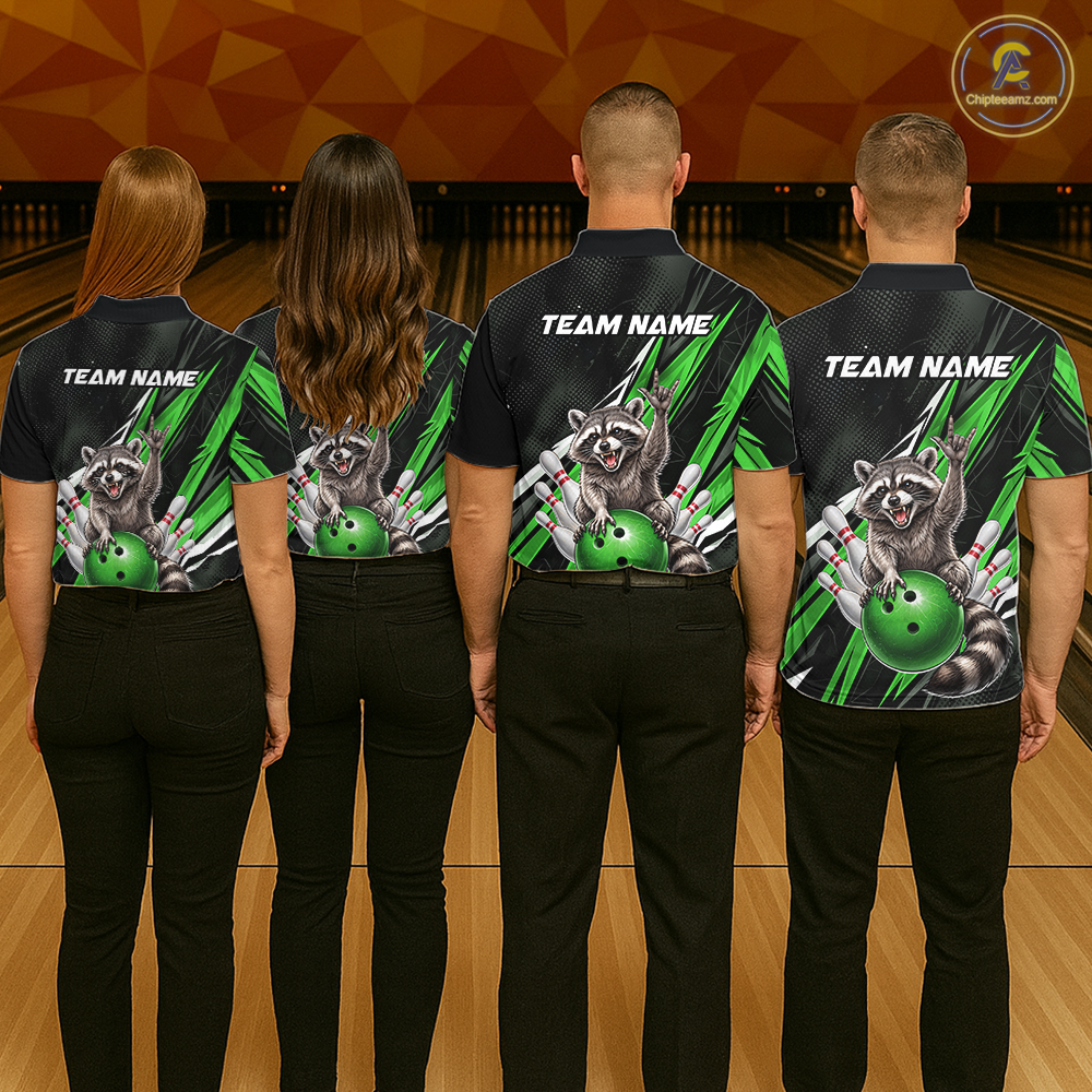 Custom Green Raccoon Bowling Jersey for Men Bowling Team Shirts Bowling Polo & 1/4 Zip HNT254