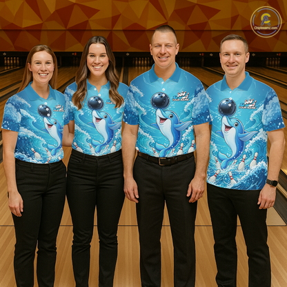 Custom Funny Dolphin Bowling Polo Shirt Blue Ocean Theme Team Jersey Bowling Outfit for Men QZT857