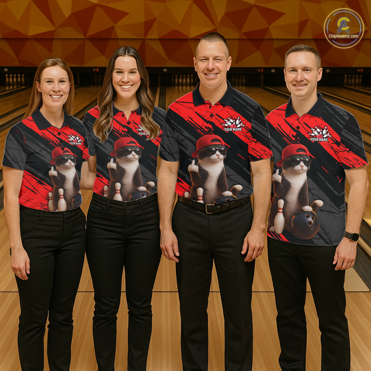 Custom Funny Cat Red Bowling Jersey for Women Bowling Polo & 1/4 Zip Bowling Team Shirts HNT198