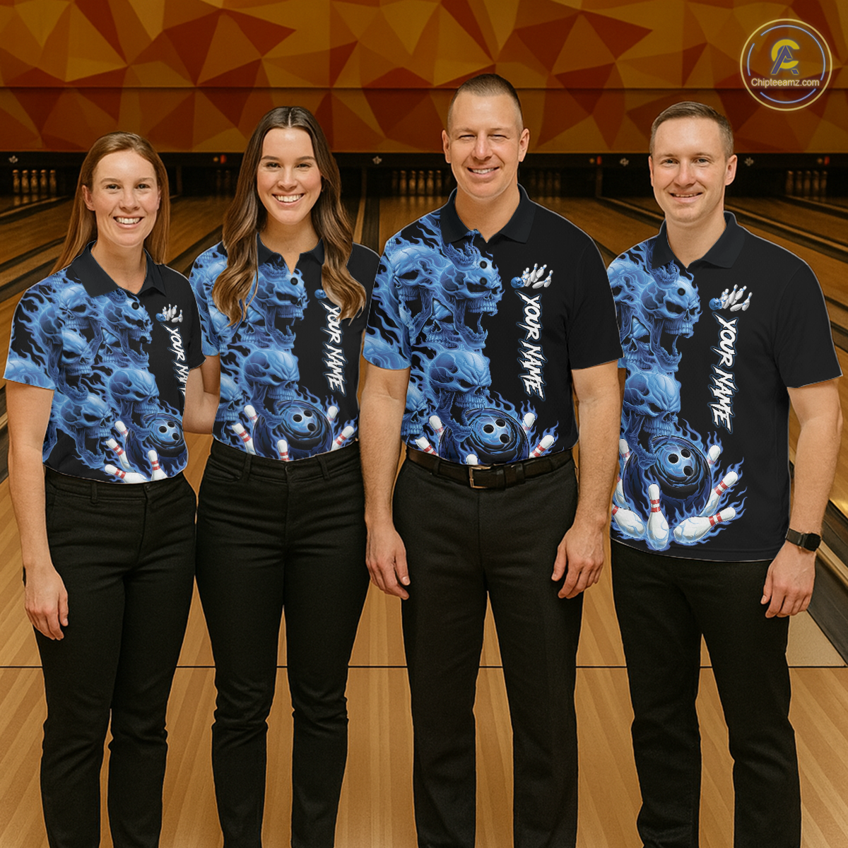 Custom Flame Skull Bowling Jerseys for Men Bowling League Polo & 1/4 Zip Bowling Team Shirts HNT203