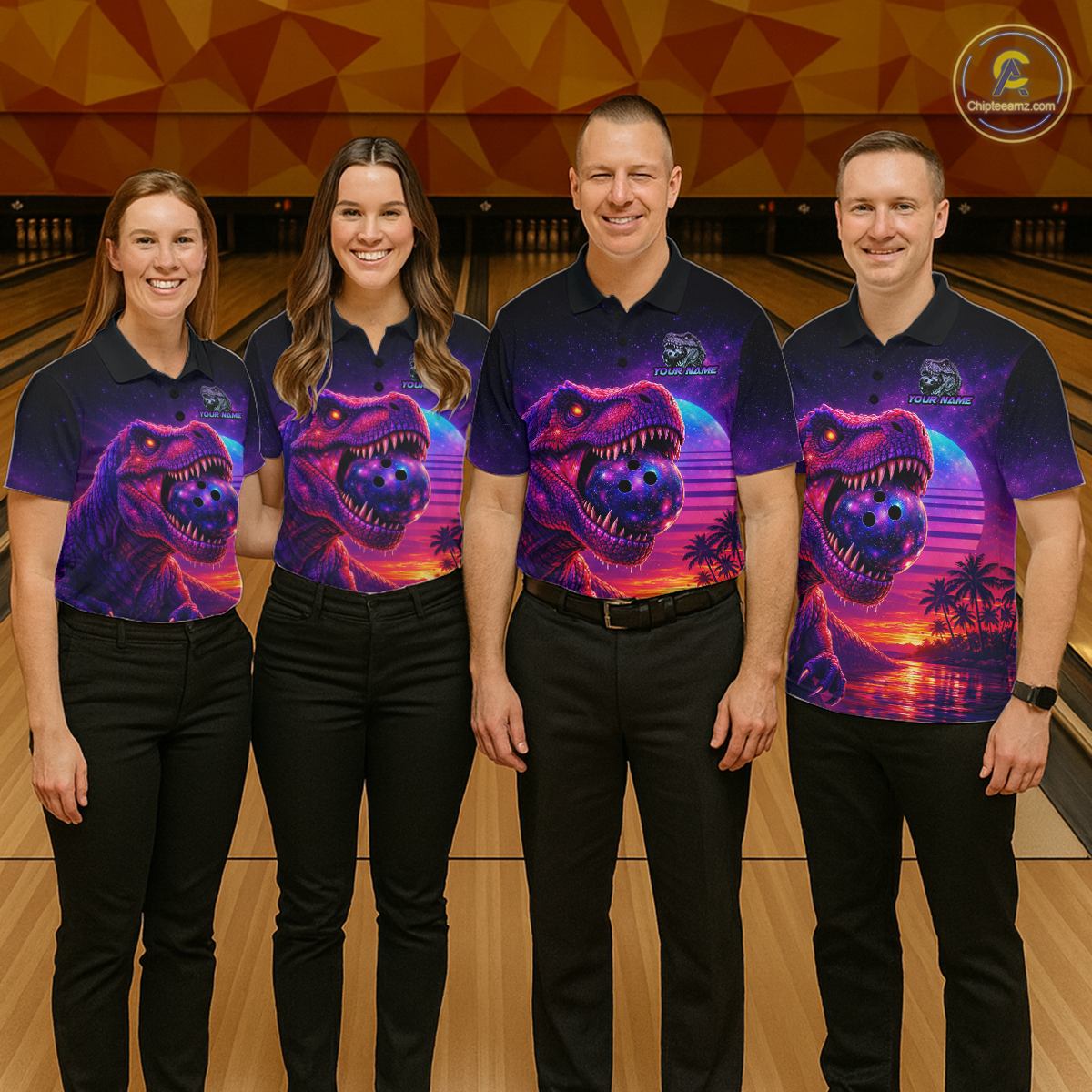Custom Retro Galaxy Dinosaur Bowling Jersey for Men Bowling Shirts for Team Polo & 1/4 Zip HNT245