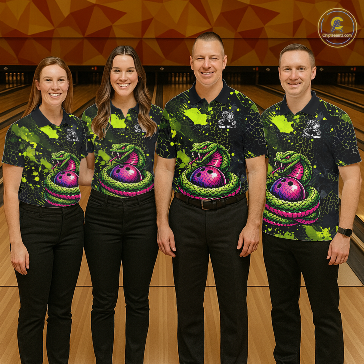 Green Cobra Snake Bowling Team Shirts Custom Name Bowling Jersey for Women Polo & 1/4 Zip HNT546