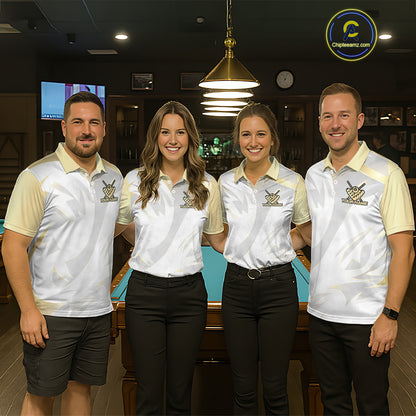Personalized White And Gold Crown 8 Ball Pool Billiard Polo & 1/4 Zip For Women, Billiard Team Attire NYN3014