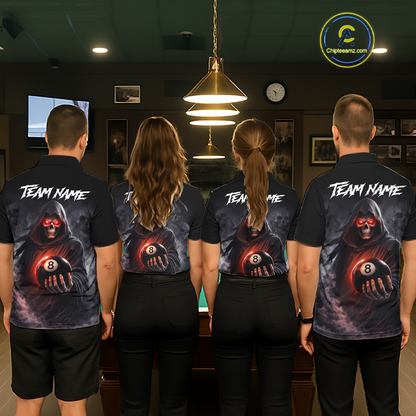 Custom Grim Reaper Billiard Shirts for Women 8 Ball Pool Shirt Polo & Quarter-Zip Billiard Jersey Unisex BHT7