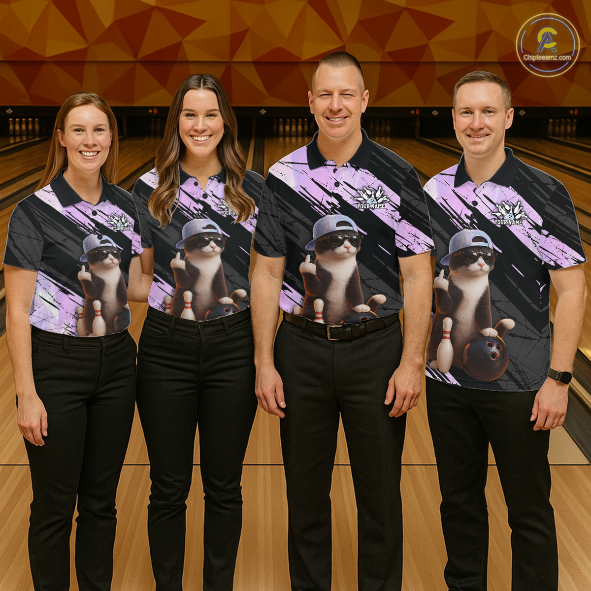 Custom Funny Cat Holographic Bowling Jersey for Men Bowling Polo & 1/4 Zip Bowling Team Shirts HNT198