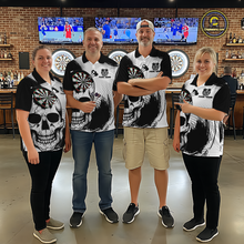 Load image into Gallery viewer, Personalized Skull Dart Shirts for Men Custom Black &amp; White Dart Jersey Polo &amp; Quarter-Zip Dartboard Shirt DHT24