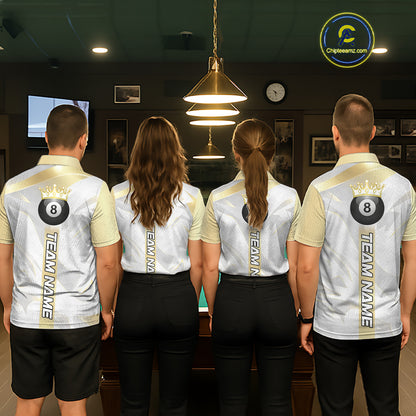 Personalized White And Gold Crown 8 Ball Pool Billiard Polo & 1/4 Zip For Women, Billiard Team Attire NYN3014