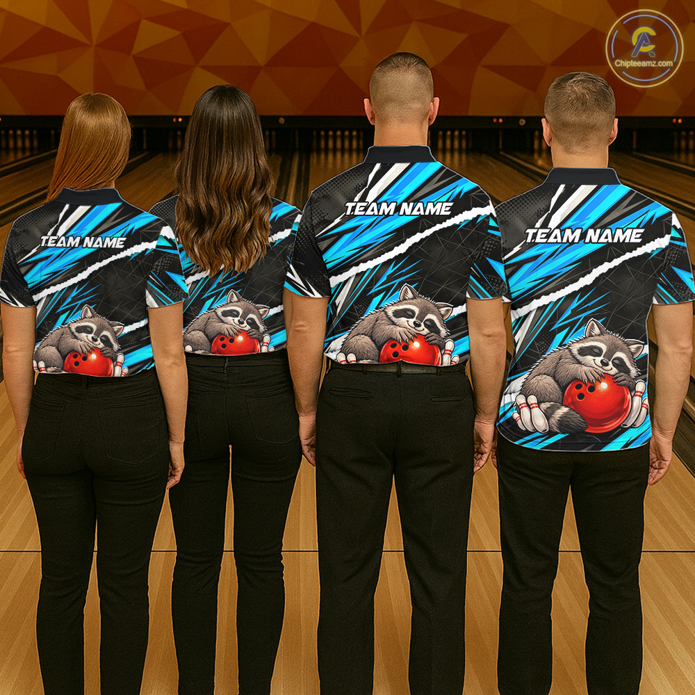 Custom Turquoise Raccoon Funny Bowling Jersey for Women Bowling Team Shirts Polo & 1/4 Zip HNT247