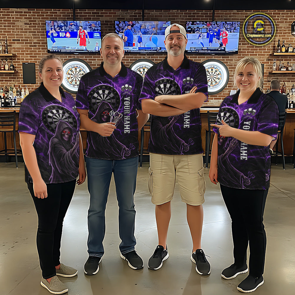 Grunge Purple Grim Reaper Men Darts Polo & 1/4-Zip Shirts Custom Thunder Lightning Darts Team Jersey NYN3037
