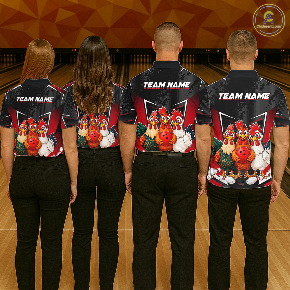 Red Funny Three Chicken Bowling Jersey for Women Bowling League Bowling Team Shirts HN287