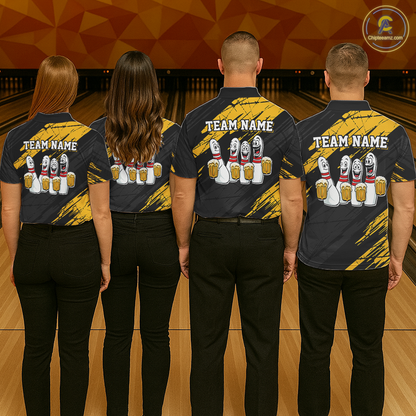 Custom Yellow Funny Bowling Tournament Jersey for Men Bowling Team Shirts Polo & 1/4 Zip HNT178