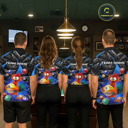 Custom Funny Blue Chicken 9 Ball Pool Billiard Shirt for Men Polo & 1/4 Zip, Billiard Team Jerseys NNT157