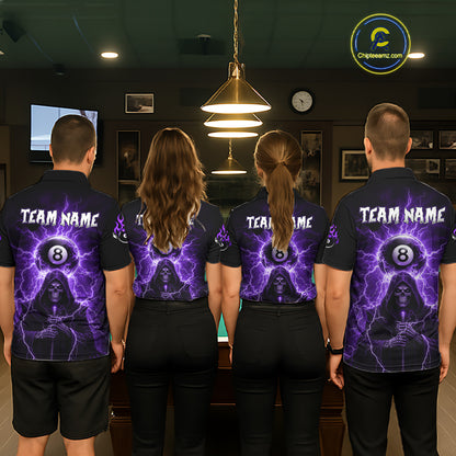 Grim Reaper Thunder Purple 8 Ball Pool Men Polo & 1/4-Zip Shirt Custom Billiards Ball Jerseys NYN2432