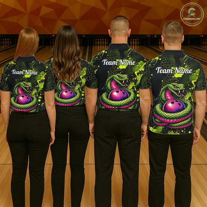Green Cobra Snake Bowling Team Shirts Custom Name Bowling Jersey for Men Polo & 1/4 Zip HNT546