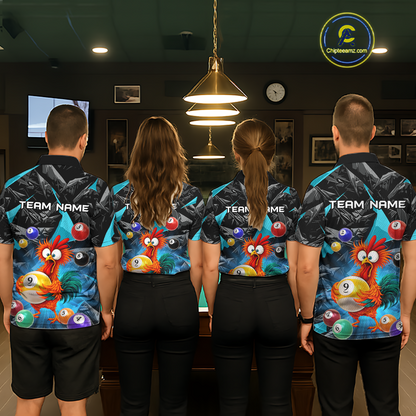 Custom Funny Turquoise Chicken 9 Ball Pool Billiard Shirt for Men Polo & 1/4 Zip, Billiard Team Jerseys NNT157