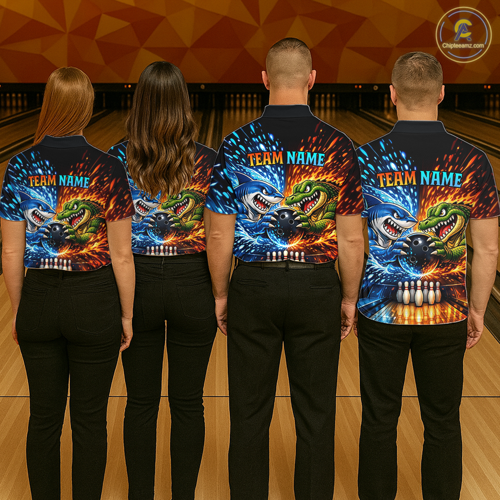 Custom Flame Shark and Alligator Bowling Jersey for Men Bowling Uniform Bowling Team Shirts HNT248