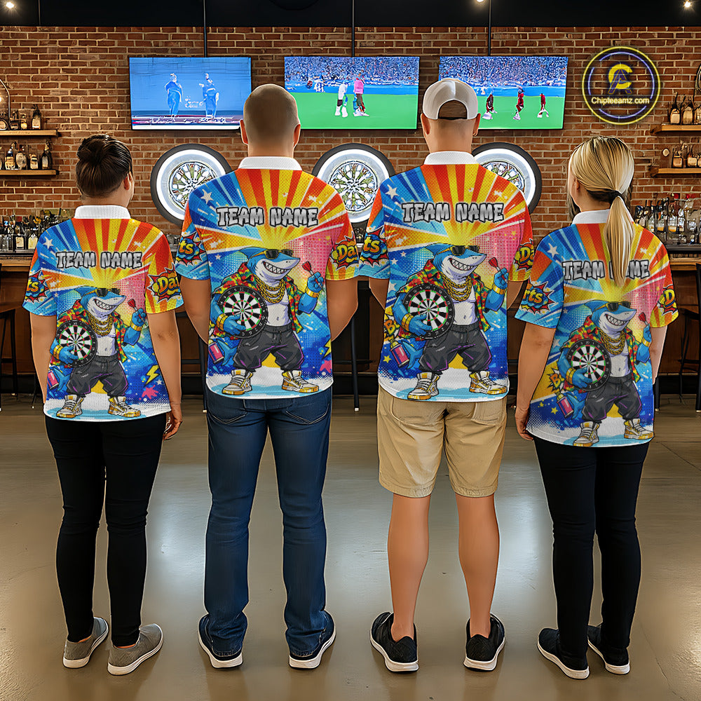 Funny Rich Cool Shark Hold Dartboard Women Darts Polo Shirt Custom Pop Art Dart League Shirt NYN2646