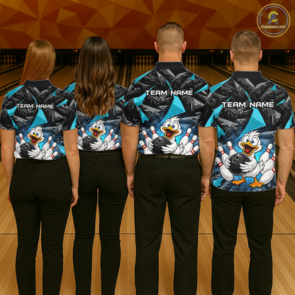 Custom Turquoise Funny Duck Bowling Jersey for Women Bowling League Bowling Team Shirts Polo & 1/4 Zip HN233