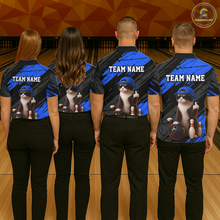 Load image into Gallery viewer, Custom Funny Cat Blue Bowling Jersey for Men Bowling Polo &amp; 1/4 Zip Bowling Team Shirts HNT198