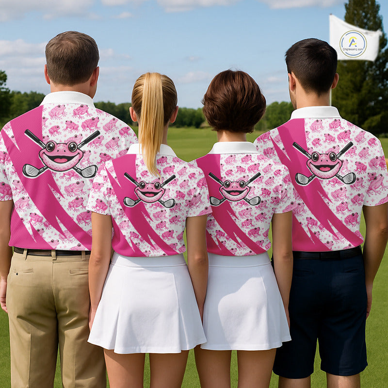 Funny Womens Golf Polo Shirts Custom Pink Frog Pattern Golf Attire For Men Personalized Golfer Gifts NHN0136
