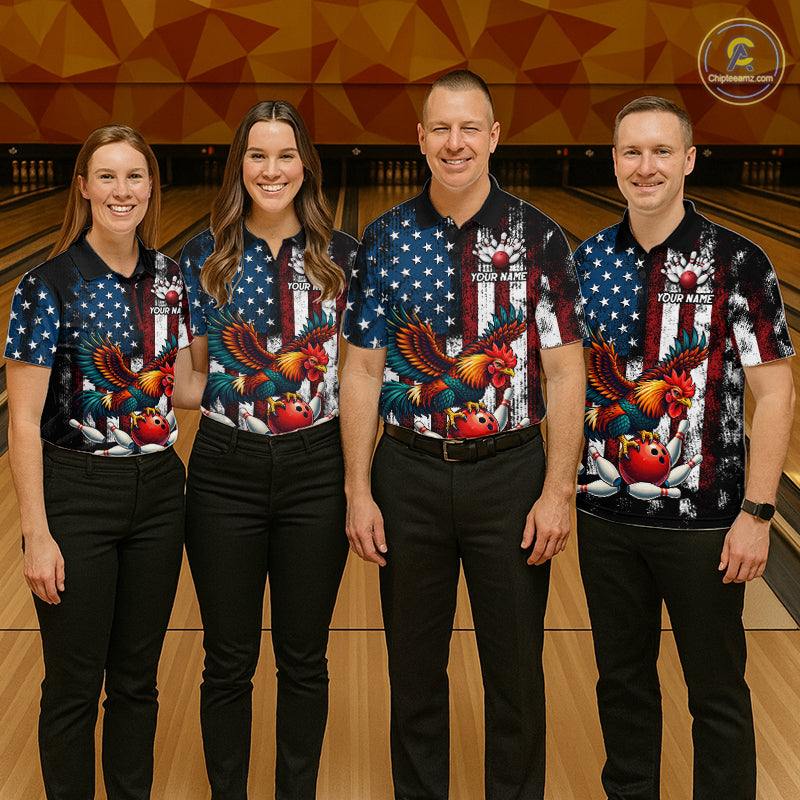 Custom Rooster US Flag Bowling Jersey for Women Bowling Team Shirts Bowling Polo & 1/4 Zip HNT259