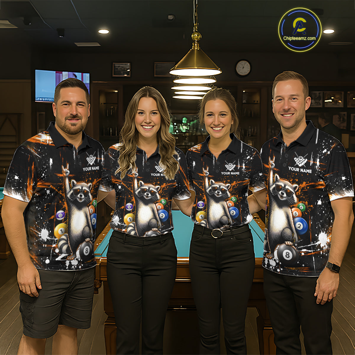 Custom Orange Funny Raccoon Billiard Shirt for Women 8 Ball Pool Billiard Jersey Polo & 1/4-Zip BHT5