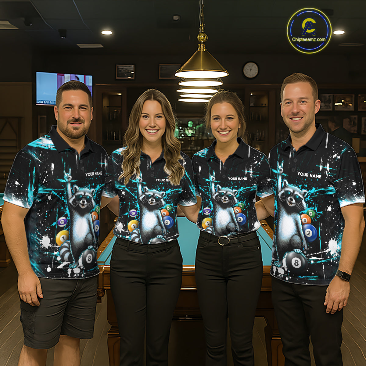 Custom Turquoise Funny Raccoon Billiard Shirt for Men 8 Ball Pool Billiard Jersey Polo & 1/4-Zip BHT5