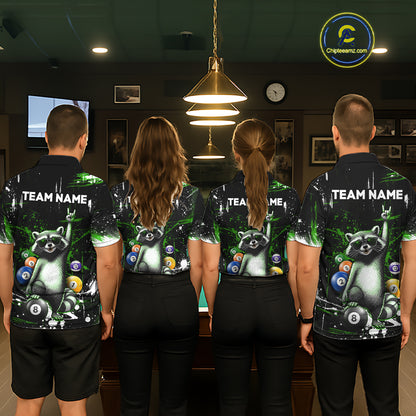 Custom Green Funny Raccoon Billiard Shirt for Women 8 Ball Pool Billiard Jersey Polo & 1/4-Zip BHT5