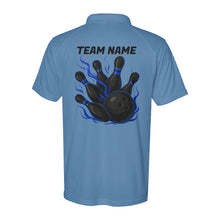 Load image into Gallery viewer, Blue Flame Bowling Ball and pins Performance Polo Shirts, Custom Team Name Bowling Jerseys D03 NQS9890