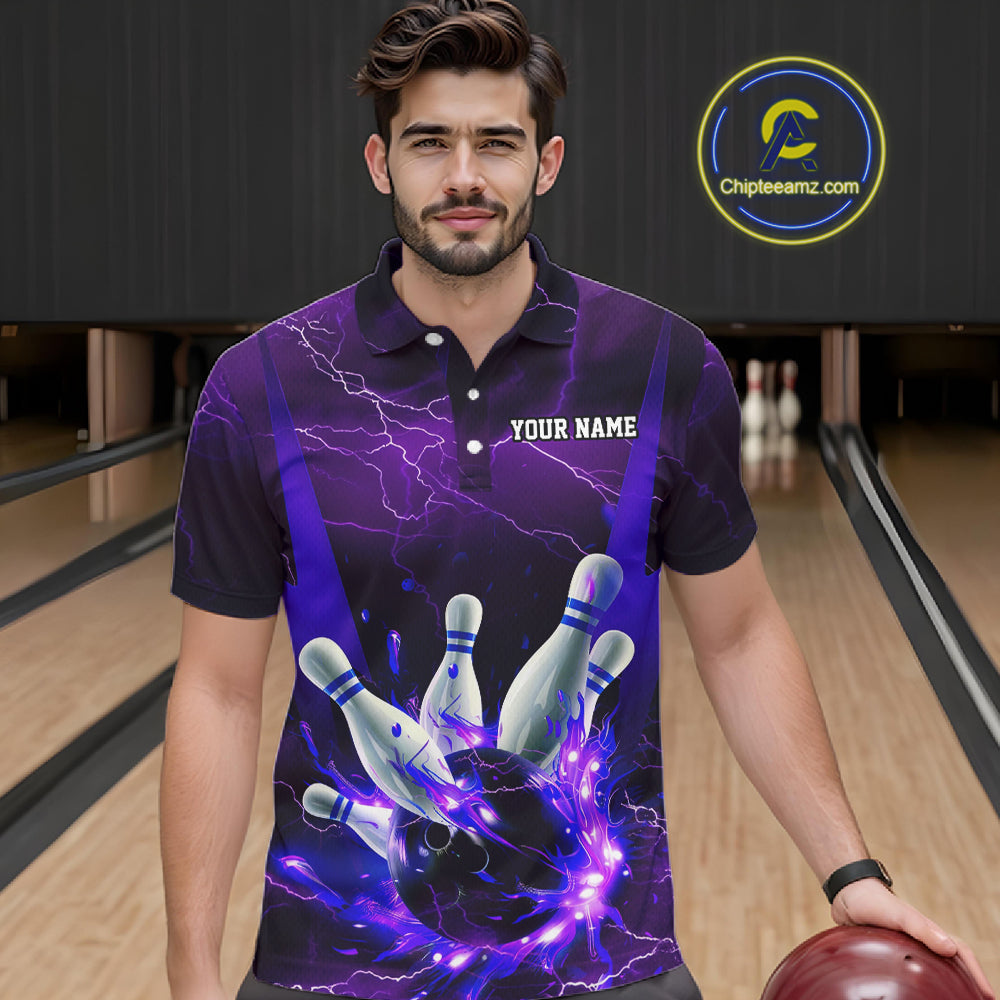 Purple Thunder Lightning Custom Bowling Shirts For Men, Flame Bowling Jerseys With Team Name IPHW7161