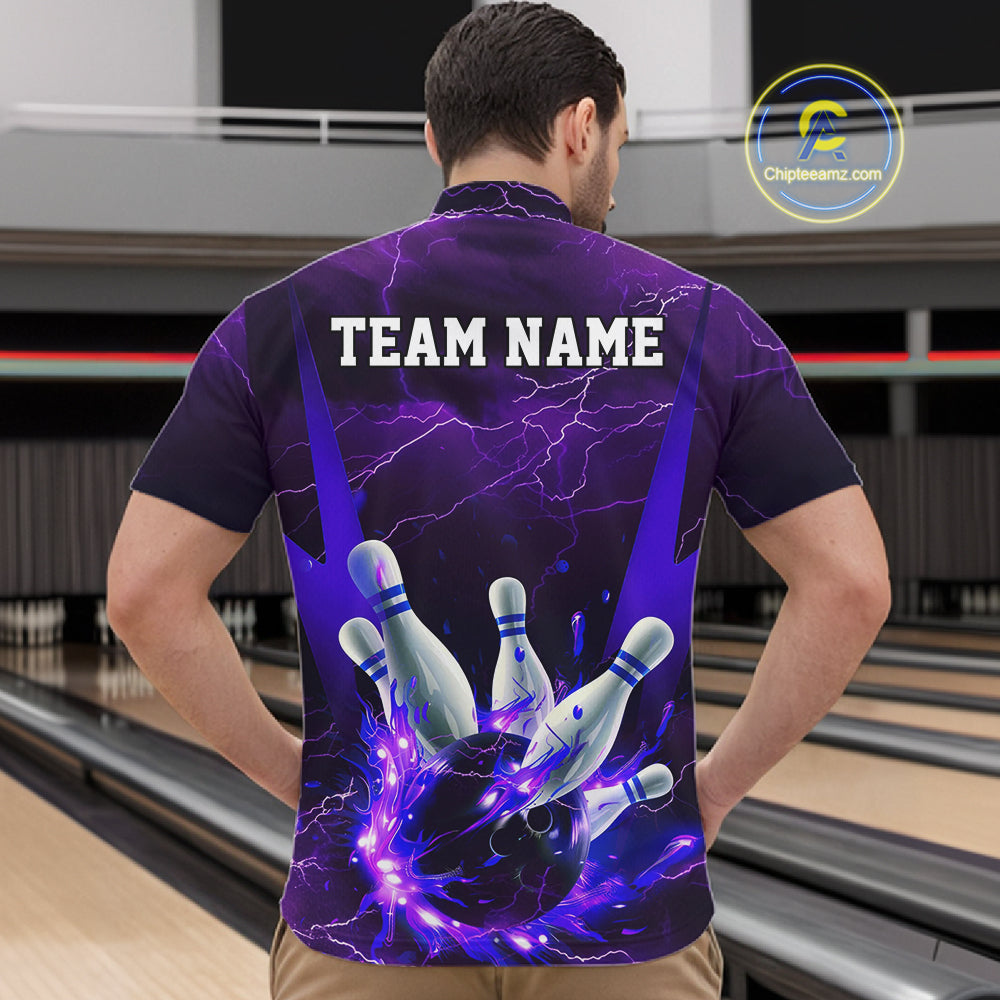 Purple Thunder Lightning Custom Bowling Shirts For Men, Flame Bowling Jerseys With Team Name IPHW7161