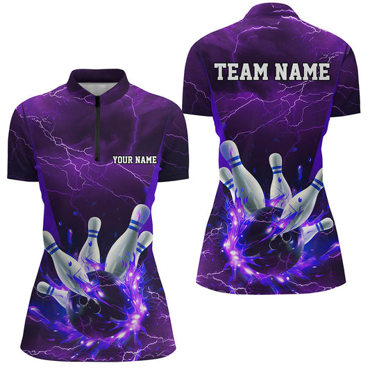 Purple Thunder Lightning Custom Ladies Bowling Shirts, Flame Bowling Jerseys With Team Name IPHW7161