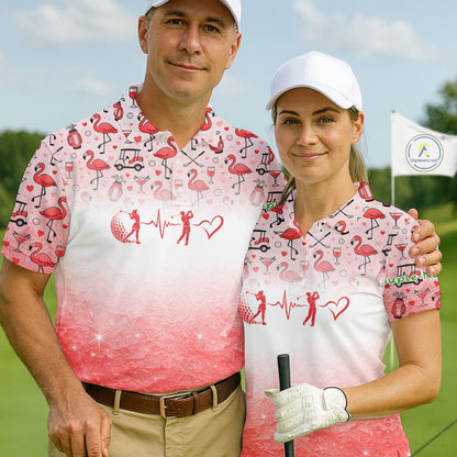Red Flamingo Heart Theme Matching Golf Polos For Couple Custom Couple Valentines Outfit NHN0145