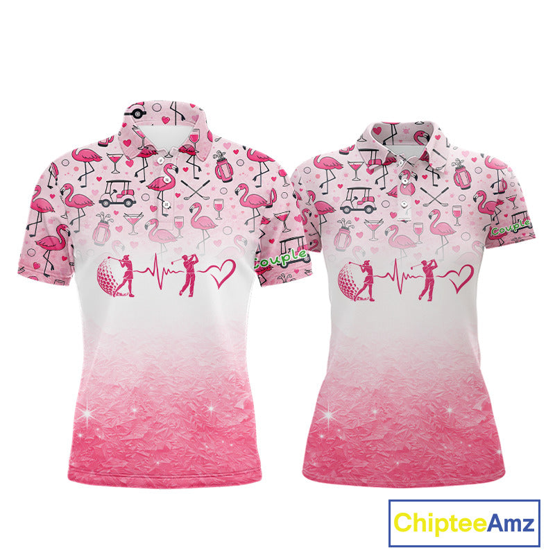 Pink Flamingo Heart Theme Matching Golf Polos For Couple Custom Couple Valentines Outfit NHN0145