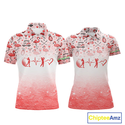 Red Flamingo Heart Theme Matching Golf Polos For Couple Custom Couple Valentines Outfit NHN0145