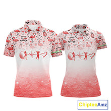 Load image into Gallery viewer, Red Flamingo Heart Theme Matching Golf Polo Shirt For Couple Custom Couple Valentines Outfit NHN0145
